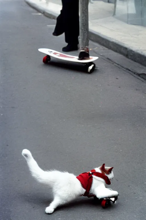 Image similar to leica s photograph, kodachrome film, subject is a white furry cat riding on a skateboard that is rolling down broadway in nyc, bruce gilden, detailed