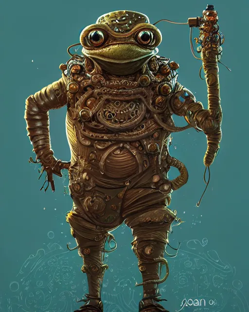 Prompt: a slimy anthropomorphic toad king wearing ornate steampunk armor, smooth, intricate, elegant, digital painting, artstation, steam, grungy steel, concept art, sharp focus, octane render, illustration, art by josan gonzalez,