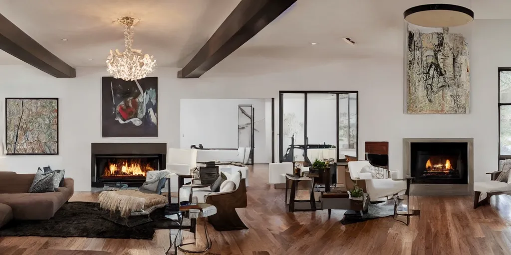 Image similar to a modern living room with dark wood floors and muted colored walls, adjacent hallways, and a wall sized 6 0's hollywood fireplace, low hanging art deco chandeliers.