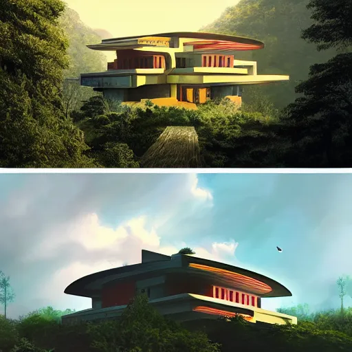 Prompt: modernist house inspired by a tibetan palace, on a green hill between big trees, colorful clouds, dramatic lighting, artstation, matte painting, raphael lacoste, simon stalenhag, frank lloyd wright, zaha hadid