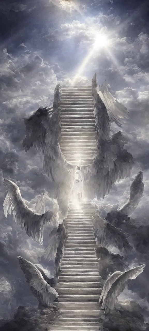 Prompt: stairway ladder to heaven many angels ascending atmospheric epic rays concept art