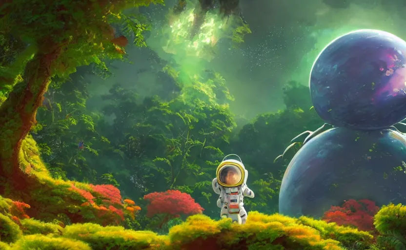 Prompt: a still of a cute adorable tiny astronaut, on a planet of lush colorful foliage, with an enormous kaiju space dragon surrounding the full background, magical forest, sharp focus, neon backlit, highly detailed, disney pixar studio ghibli makoto shinkai, digital painting, matte, octane render, global illumination, iridescent, anime, 8 k concept art