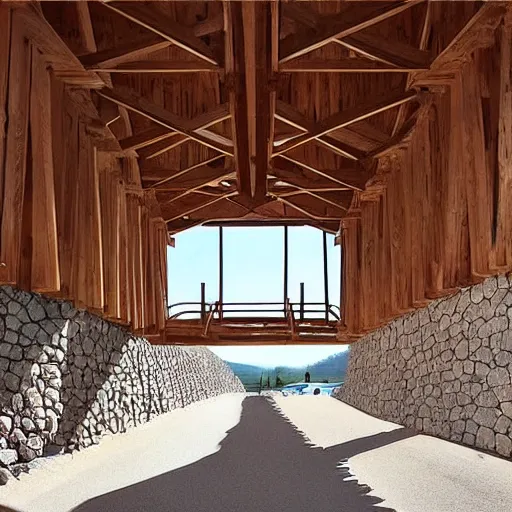 Prompt: “ a structurally optimized wooden truss spanning between two stone walls. ”