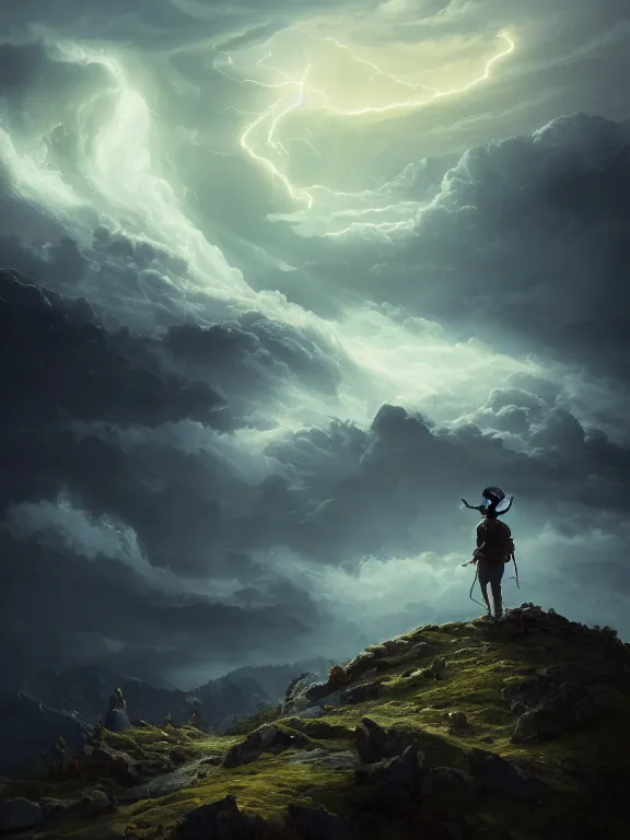 Image similar to photo of 8k ultra realistic lone man on hill surrounded by swirling clouds and lighting, dark, menacing, full of colour, cinematic lighting, battered, trending on artstation, 4k, hyperrealistic, focused, extreme details,unreal engine 5, cinematic, masterpiece, art by Peter Mohrbacher