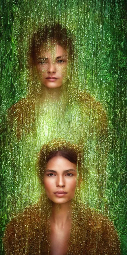 Prompt: full shot of a regal brown woman wearing an intricate and detailed armor made of dew drops. woman is standing in a lush green forest. multiple layers. reflections. morning dew. textures. delicate. translucent. extremely coherent. studio portrait. photorealistic. octane render