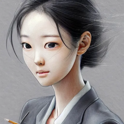 Image similar to dynamic composition, motion, ultra-detailed, incredibly detailed, a lot of details, amazing fine details and brush strokes, colorful and grayish palette, smooth, HD semirealistic anime CG concept art digital painting, watercolor oil painting of a young office lady, by a Chinese artist at ArtStation, by Huang Guangjian, Fenghua Zhong, Ruan Jia, Xin Jin and Wei Chang. Realistic artwork of a Chinese videogame, gradients, gentle an harmonic grayish colors.