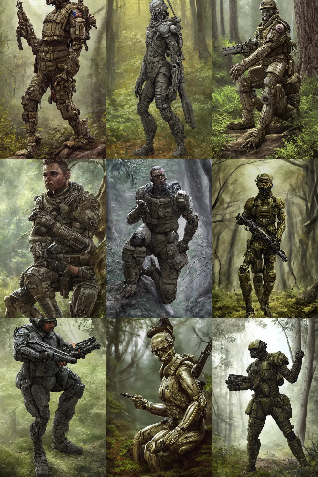 Prompt: highly detailed Sci-fi soldier in neoclassical style sitting in ambush in the woods, proportionally accurate, anatomically correct, two arms, two legs, high quality, realistic, gorgeous, amazing, elegant, intricate, highly detailed, digital painting, artstation, concept art, sharp focus,