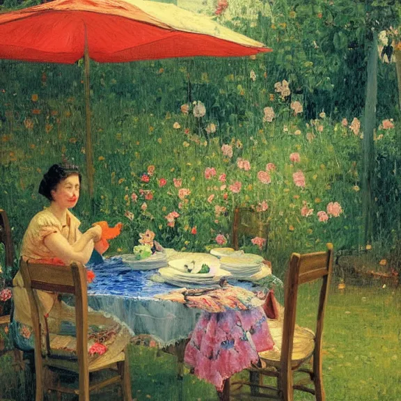 Image similar to a housewife and her daughter putting dishes on a table in the backyard, a tilted parasol sits above the table, a garden with colorful flowers in the background, rainy scene, cozy 1 9 5 0's, medium symmetry, by ilya repin, extreme detail, attention to detail, 8 k, intricate abstract, photorealistic