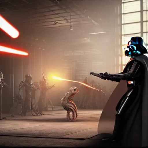 Prompt: darth vader vs xenomorph queen, highly detailed, photorealistic oil painting, bright studio setting, studio lighting, crisp quality and light reflections, unreal engine 5 quality render