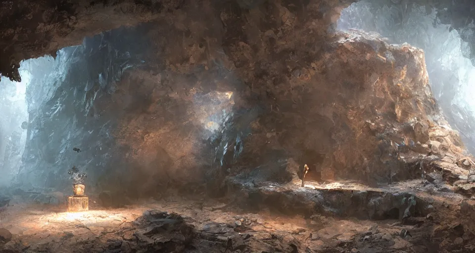 Image similar to craig mullins and ghibli digital art of middle of cave, light, bronze coffin, chain, medium gray, cinematic texture, high color contrast ， unreal engine, hyper realism, realistic shading, cinematic composition, realistic render, octane render, detailed textures, photorealistic, wide shot