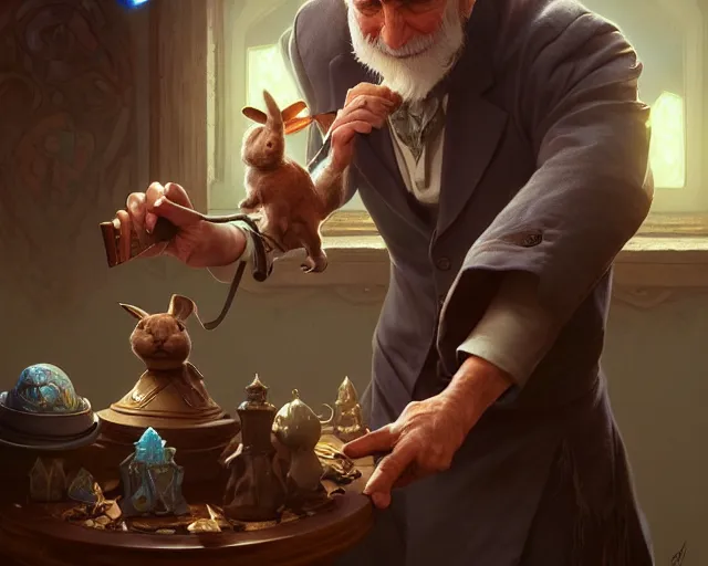 Image similar to an old man magician pulling a rabbit out his hat, deep focus, d & d, fantasy, intricate, elegant, highly detailed, digital painting, artstation, concept art, matte, sharp focus, illustration, hearthstone, art by artgerm and greg rutkowski and alphonse mucha