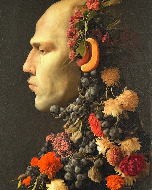 Image similar to a man's face in profile, clean shaven, made of flowers and fruit, in the style of the Dutch masters, dark and moody