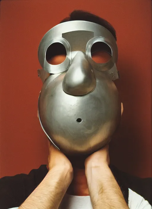 Image similar to a fashion portrait photograph of a man wearing a round metal mask designed by joseph albers, 3 5 mm, color film camera, pentax