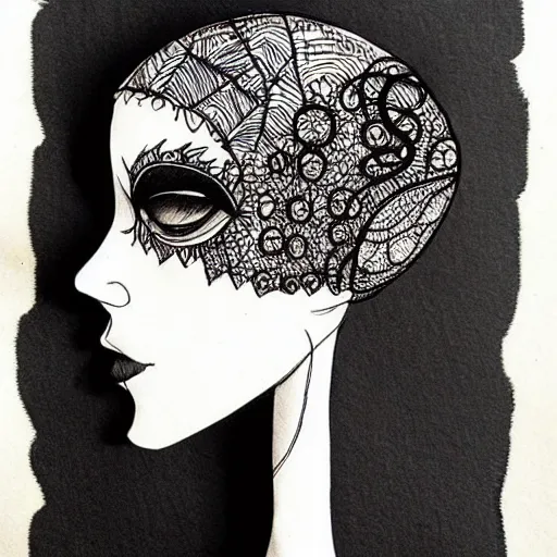 Image similar to black ink on paper, doll head with spider legs, trending on artstation, beautiful, intricate, detailed