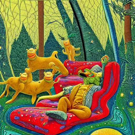 Image similar to psychedelic couch sofa in the pine forest, guitar, milky way, designed by moebius, rob gonsalves, gustav dore, giuseppe arcimboldo and carl barks, louis wain, trending on artstation, canada, star, sharp focus, colorful refracted sparkles and lines, soft light, 8 k 4 k