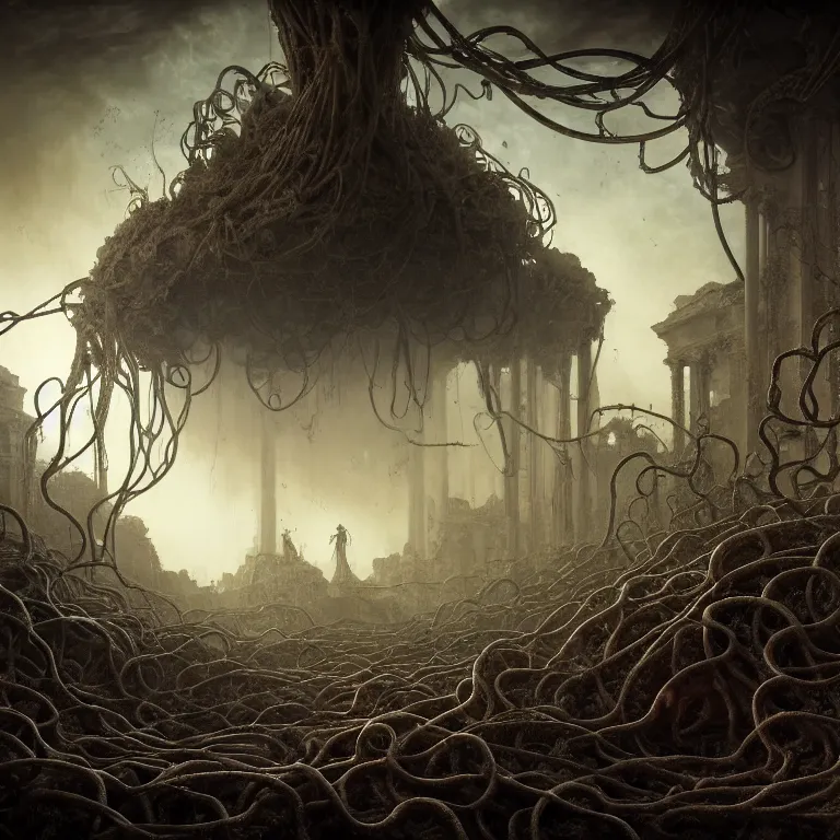 Image similar to still life of abandoned ancient city on exoplanet, covered with tentacles, roots, wires, tubes, baroque painting, standing in a desolate empty wasteland, creepy, nightmare, dream-like heavy atmosphere, dark fog, surreal abandoned buildings, baroque painting, beautiful detailed intricate insanely detailed octane render trending on Artstation, 8K artistic photography, photorealistic, chiaroscuro, Raphael, Caravaggio, Beksinski, Giger