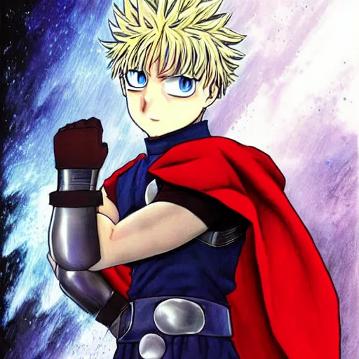 Image similar to adult killua zoldyck in thor's the dark world armor, full body armor, anime art, highly detailed, muscular