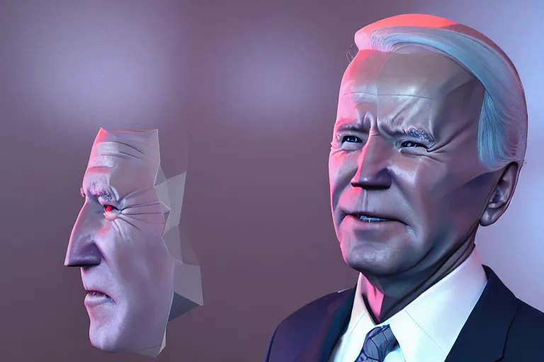 Prompt: crazy glitchy buggy uncanny valley off - putting strange low poly render of 3 d joe biden portrait meme, featured on artstation, cgsociety, unreal engine, octane, volumetric lighting, rtx on, vibrant, by greg rutkowski, grainy, vhs footage still, intricately detailed, award - winning, amazing, stunning, atmospheric, ambient