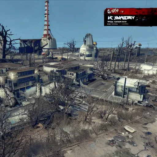 Prompt: kennedy space center in ruins post - nuclear war in fallout 4, in game screenshot