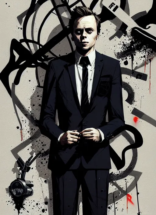 Image similar to highly detailed closeup portrait of martin wallstrom, tyrell wellick, wearing suit by atey ghailan, by greg rutkowski, by greg tocchini, by james gilleard, by joe fenton, by kaethe butcher, gradient blue, black and white color scheme, grunge aesthetic!!! ( ( graffiti tag wall background ) )