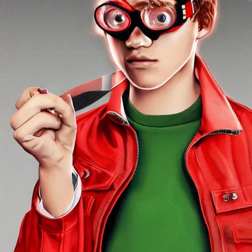 Image similar to a blonde teenager, goggles, red jacket, knife in his mouth, knife in his right hand and a knife in his left hand, photorealistic, hd, high details