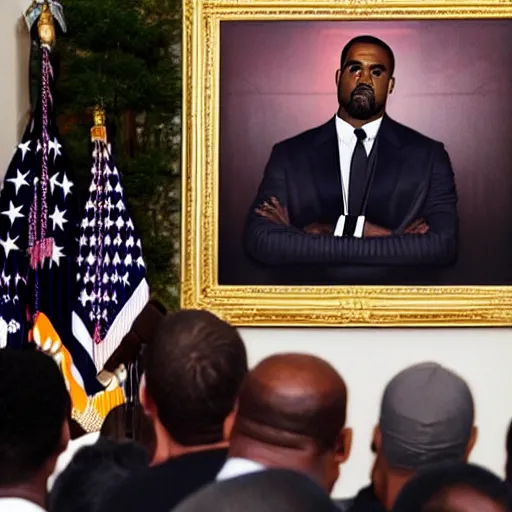 Image similar to president kanye west giving a speech at the white house