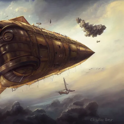 Image similar to a painting of a large steampunk airship fighting another airship in the sky, by charlie bowater, 4 k