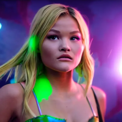 Image similar to cinematic scene with olivia holt as jolyne from jojo's bizarre adventure, live action film, stone ocean, dramatic, small details, volumetric lighting, still frame