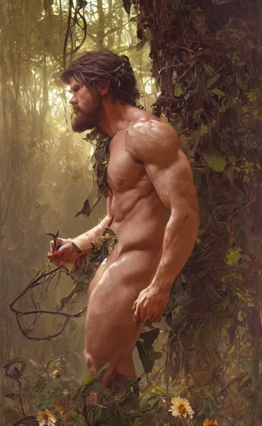 Image similar to god of the forest, rugged, handsome, male, detailed face, clean lines, atmospheric lighting, amazing, full body, thighs, flowers, muscular, intricate, highly detailed, digital painting, deviantart, concept art, sharp focus, illustration, art by greg rutkowski and alphonse mucha