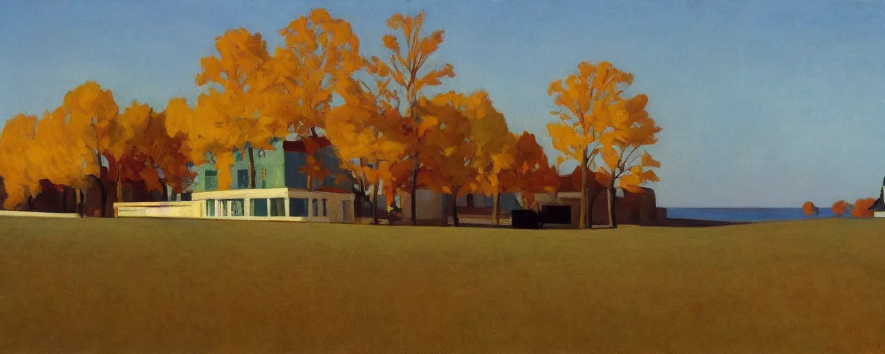 Prompt: an edward hopper style painting of ( ( ( ( ( ( ( ( balatonfured, a resort town in veszprem county, in hungary ) ) ) ) ) ) ) ), late - autumn, november of 1 9 4 8