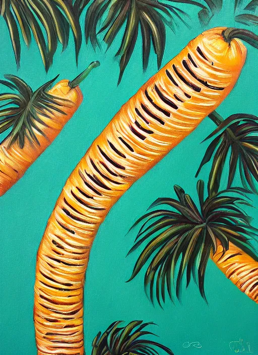 Image similar to bananas look like baguettes on a palm tree, intricately detailed acrylic painting