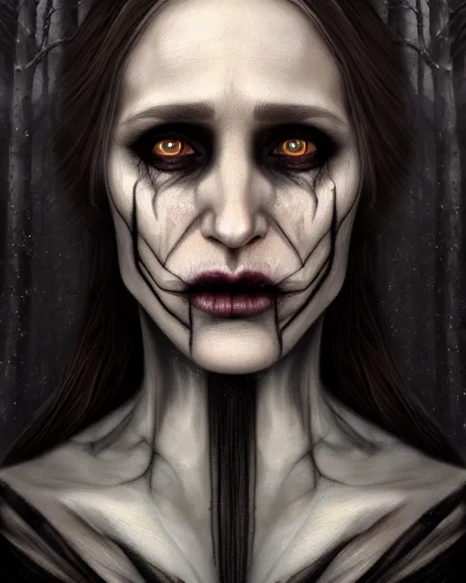 Prompt: gorgeousTaissa Farmiga evil witch, realistic character concept, full body shot, spooky, illustration, symmetrical face and body, realistic eyes, cinematic lighting, hyperdetailed, detailed realistic symmetrical eyes, 8k, high resolution, Charlie Bowater, Tom Bagshaw, single face, insanely detailed and intricate, beautiful, elegant, dark forest and trees, vfx, postprocessing