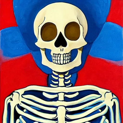 Prompt: wide head skeleton wearing blue puffy jacket, classic painting