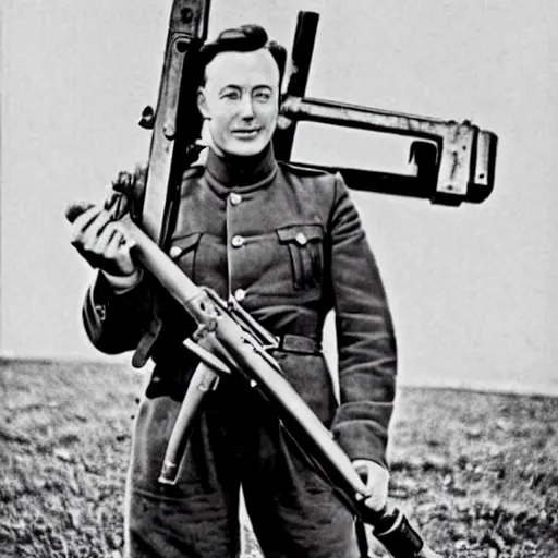 Prompt: old wartime photograph of elon musk holding a lewis gun, 1 9 1 7