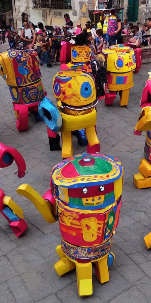 Image similar to extremely happy dancing inca robots