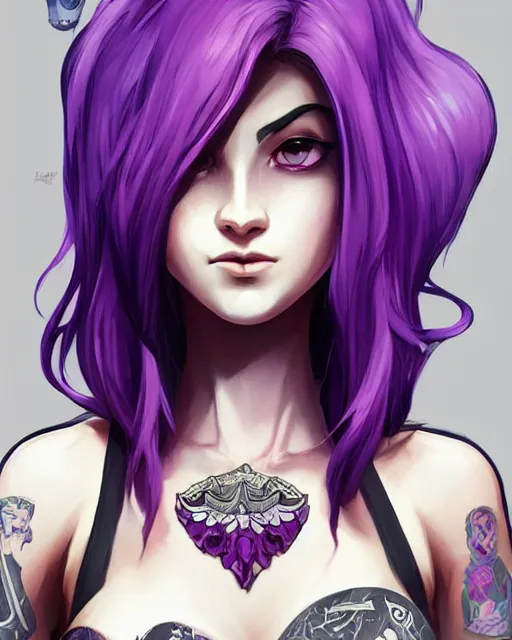 Image similar to beautiful female purple hair with dagger tattoo symmetrical face eyes full length fantasy art apex fortnite Video game icon, 2d game art gta5 cover , official fanart behance hd artstation by Jesper Ejsing, by RHADS, Makoto Shinkai and Lois van baarle, ilya kuvshinov, rossdraws