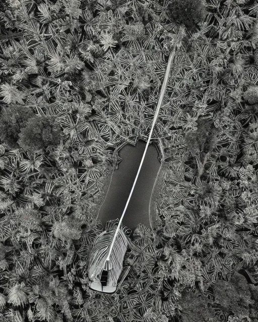 Prompt: the wake of a boat, made of intricate decorative lace leaf skeleton, shot from a drone, in the style of the dutch masters and gregory crewdson, dark and moody