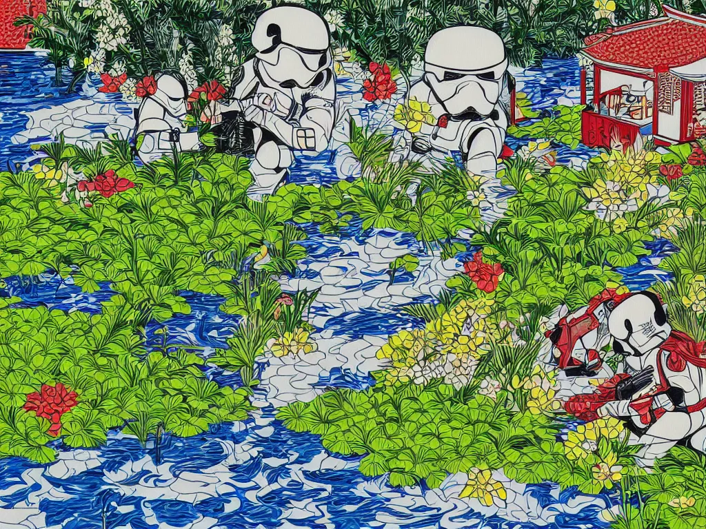 Image similar to super - detailed close - up image of the japanese home with a garden and pond, 2 stormtroopers sitting around it, in style of pop - art, andy warho style, roy lichtenstein style, jackie tsa stylei, bright palette, acrylic on canvas