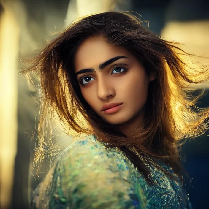 Prompt: portrait photograph of an extremely beautiful!!!! young pakistani female, Distant look on her face, natural light, wearing a futuristic cyborg suit! Brown hair. Blue eyes. Standing on a Japanese neon lit street. looking at the camera!!. super resolution. Extremely detailed. Graflex camera!, bokeh!!!!! trending on artstation.
