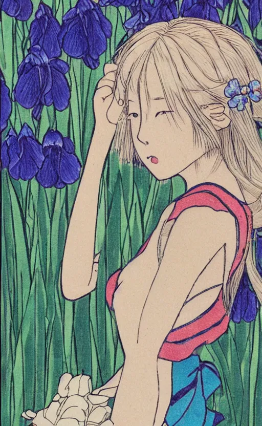 Prompt: by akio watanabe, manga art, a blond girl is looking at wooden lake bridge and iris flowers, trading card front, kimono, realistic anatomy