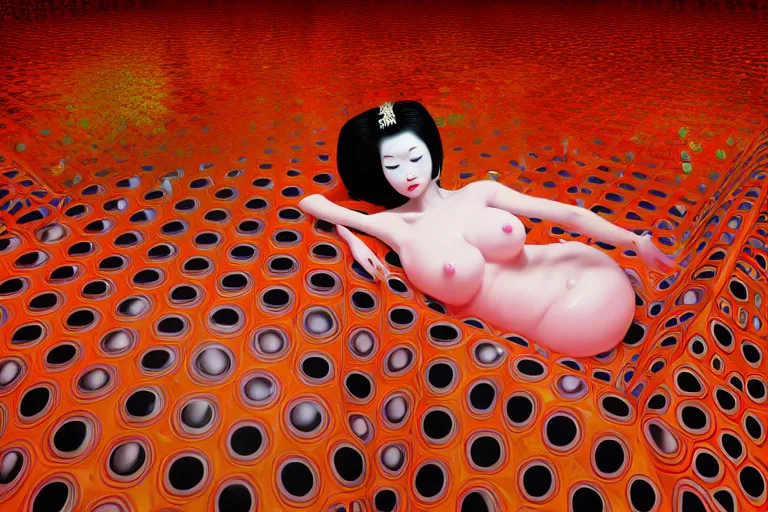 Prompt: realistic detailed image of a geisha laying down in a padded room, conjuring psychedelic background, part by yayoi kusama, part by ross tran, part by james jean, ultra realistic, highly detailed, life like face, detailed body, 8 k, octane render, trending on artstation, very cohesive, masterpiece