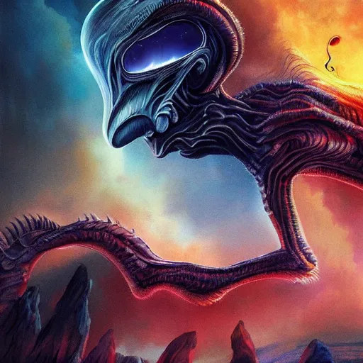 Prompt: majestic alien animal never before seen, epic landscape, hd, demonic, painting