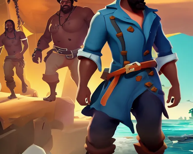 Image similar to sea of thieves character portrait concept art for a huge hulking muscular african american man wearing a blue jacket shirt pants and boots with a pegleg, cgsociety, trending on artstation, rare ltd,