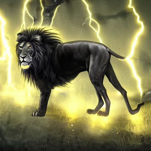 Image similar to photography of a black lion with gold lightnings in the fur in the middle of the ancient forest , concept art, huge scale, photorealistic, high details by Nick Nichols