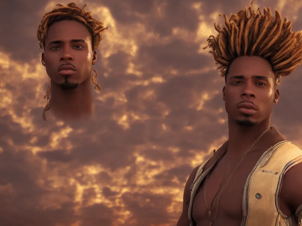 Prompt: portrait, a handsome african american johnny storm wearing brown dreadlocks hair, photorealistic, cinematic, high detail, dramatic lighting, unreal engine, city background, 8 k