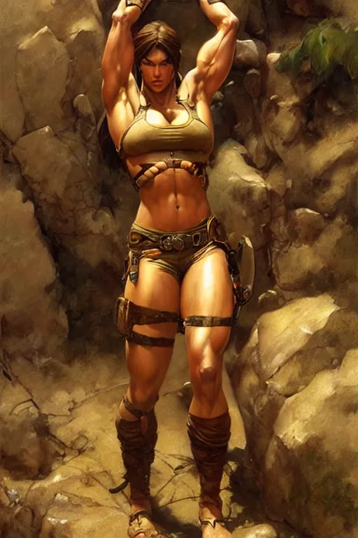 Image similar to muscular lara croft, highly detailed painting by gaston bussiere, craig mullins, j. c. leyendecker 8 k