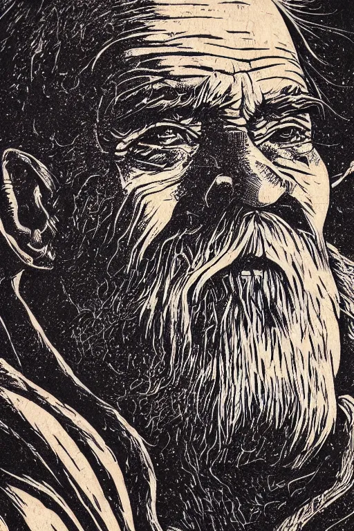 Prompt: a beautiful woodcut print of an old man, 8 k, frostbite 3 engine, cryengine, dof, trending on artstation, digital art, crepuscular ray, art by roy l davies and tugboat printshop