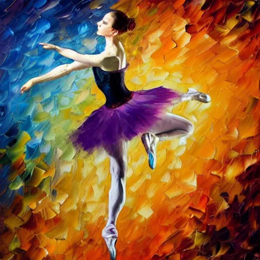 Prompt: palette knife oil painting of a leaping ballerina, extreme detail, style by leonid afremov and degas, artstation, artgerm, deviant art, octane, substance, art history, photo realistic