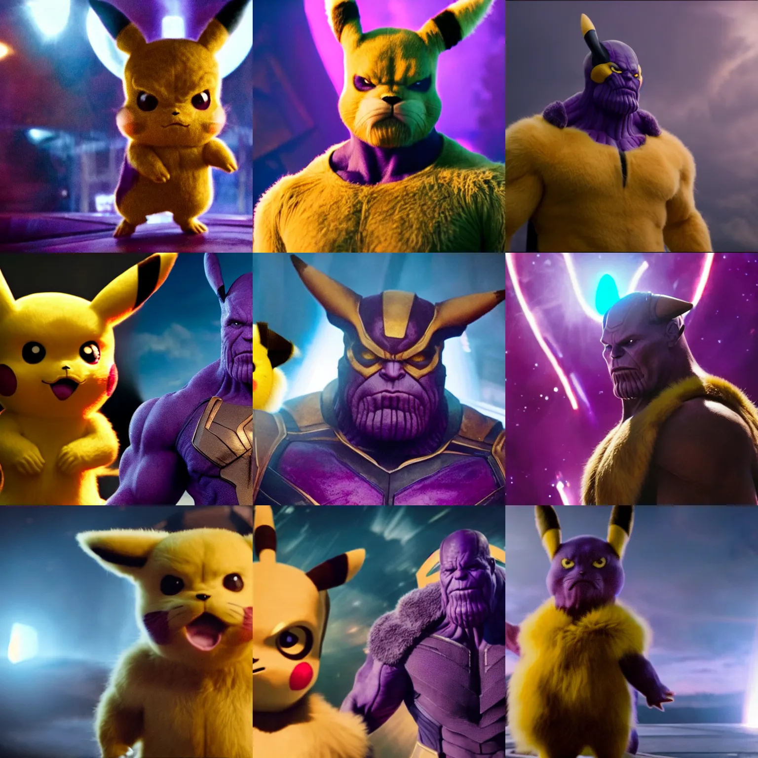 Prompt: thanos wearing pikachu fur costume with big ears , backlight cinematic medium shot film still from avengers endgame