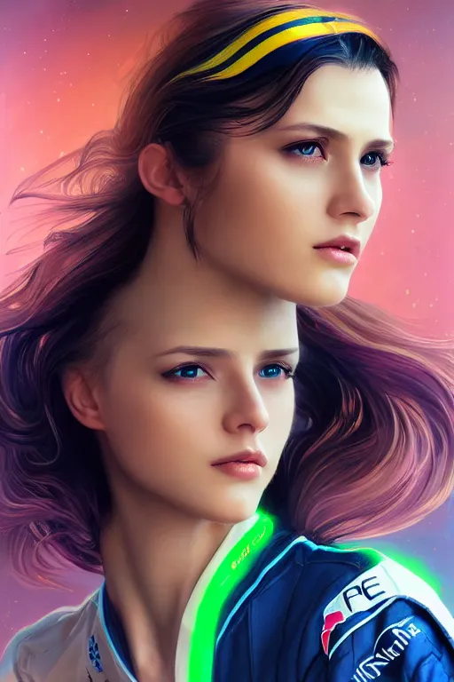 Prompt: portrait beautiful female formula one racer, wearing formula one racer uniform, formula one car as background, ssci-fi, fantasy, intricate, very very beautiful, elegant, human anatomy, neon light, highly detailed, digital painting, artstation, concept art, soft light, smooth, sharp focus, illustration, art by tian zi and WLOP and alphonse mucha